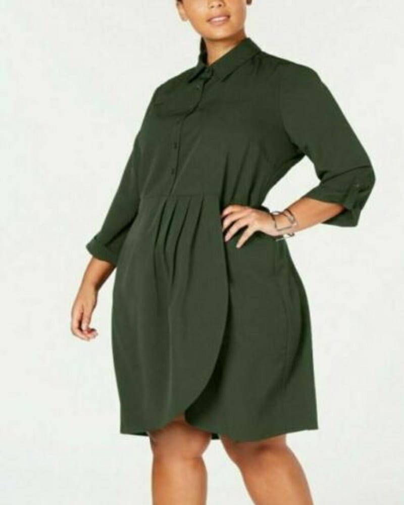 Front of a model wearing a size 2XL Love Squared Women's Trendy Plus Size Cascade Wrap Shirtdress Green Size 2 Extra Large in Green by Love Squared. | dia_product_style_image_id:312868